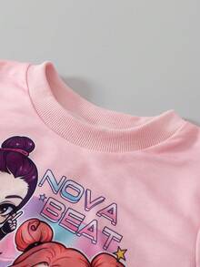 SHEIN Girlss 卡通女團印花衛衣與丹寧效果寬腿褲 2 件套 秋季寬鬆長袖圓領衛衣，附彩色 Q-Versi - 粉色 - 查看 7