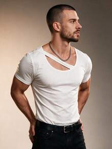 ZURIURI Men's Asymmetrical Slim Fit Design T-Shirt - White - View 3