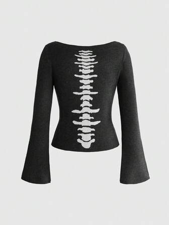 Goth Women's Versatile Back Jacquard Long Sleeve Sweater, Daily Fashion