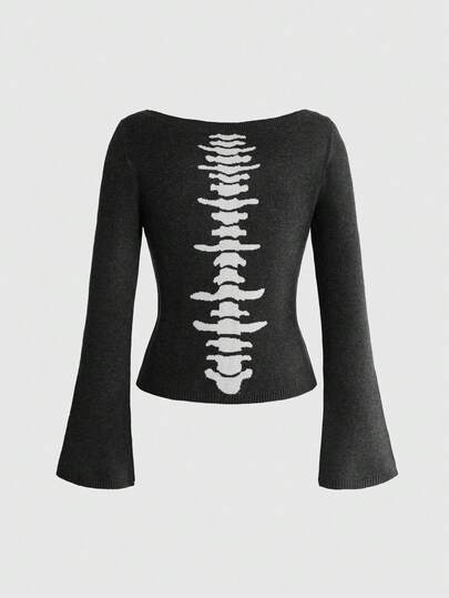 Goth Maglione versatile da donna con jacquard sulla schiena e maniche lunghe, moda quotidiana