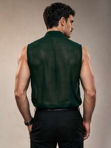 ZURIURI Men's Solid Color Ruffle Sheer Sleeveless Shirt - Dark Green - View 3