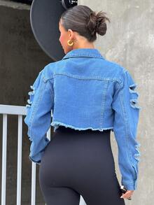 SAYEHFBABY Women's Distressed Water Washed Denim Jacket, Suitable For Spring And Autumn Casual - Medium Wash - View 2