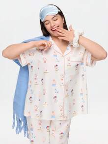 Bonmuse Funny Cartoon Print Short Sleeve & Pants Pajama Set, Plus Size - Multicolor - View 8