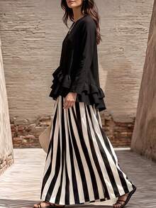 Linhara CURVE Women's Solid Black Ruffle Long Sleeve Blouse & Striped Skirt Casual 2-Piece Set - Black - View 4