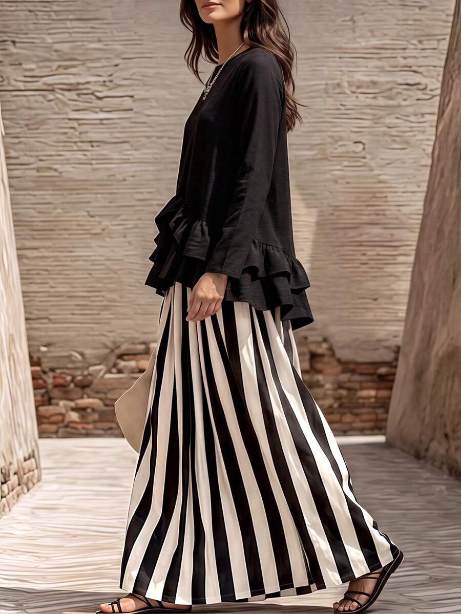 Linhara CURVE Women's Solid Black Ruffle Long Sleeve Blouse & Striped Skirt Casual 2-Piece Set - Black - View 1