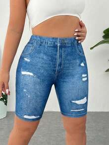 SHEIN EZwear 大码女式口袋纽扣破洞休闲百搭日常修身打底裤 - 彩色 - 查看 5