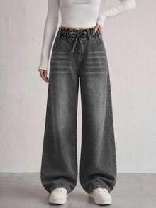 SHEIN Classic High-Waisted Flare Leg Jeans For Teen Girl Cotton Fabric, Comfortable, Suitable For All Seasons Autumn Fall - Grey - View 2