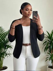 SHEIN Lady CURVE Jaket Wanita Ukuran Besar Warna Polos Depan Terbuka Elegan Kasual Smart Jacket Musim Gugur Kantor Bisnis Hitam - Hitam - View 4