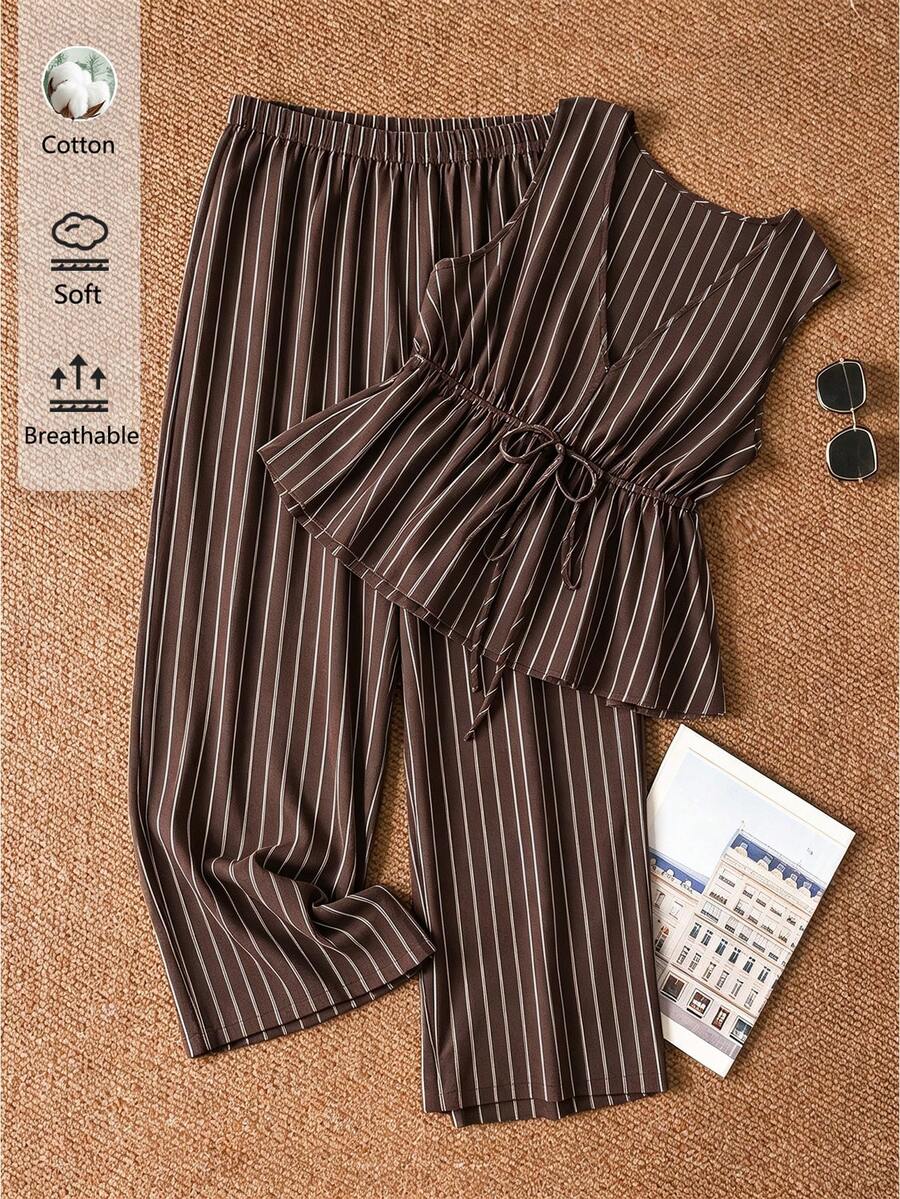 CosyJoli Setelan 2 Potong Kemeja Tanpa Lengan Bergaris Model A-Line dan Celana Panjang Kasual Potongan Lurus Ukuran Plus untuk Liburan - Coklat - View 1