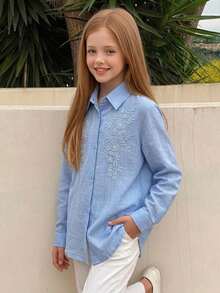 Hapijoa Casual Lapel Pattern Loose Long Sleeve Autumn Girls (Big) Shirt - Blue - View 3