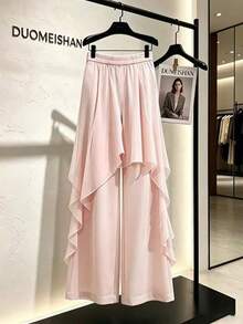 SHEIN Unity Women's Solid Color Elastic Waist Casual Romantic Elegant Versatile Daily Wear Long Pants Party Light Pink Summer - Pink - View 2