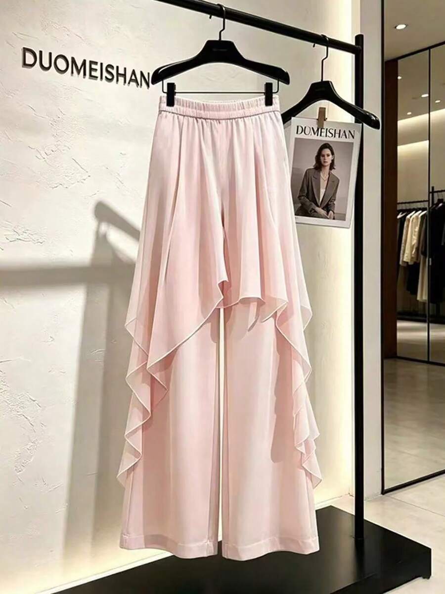 SHEIN Unity Women's Solid Color Elastic Waist Casual Romantic Elegant Versatile Daily Wear Long Pants Party Light Pink Summer