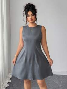 Elenzga Vestido casual sin mangas de unicolor, talla grande, para verano - Gris - Ver 4