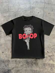 Betty Boop x SHEIN SHEIN EZwear 休閒極簡卡通圖案圓領短袖寬鬆女款T恤，適合夏季 - 黑色 - 查看 6