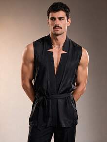ZURIURI Men's Summer Solid Color Minimalist Sleeveless Cardigan Vest Suitable For Parties - Black - View 5