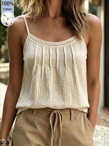 SHEIN Damen einfarbiges plissiertes lässiges vielseitiges Alltags-Camisole-Top - Aprikosenfarben - Übersicht 3