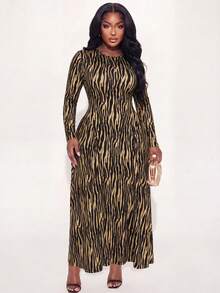 Poshavie Poshavie Plus Size Women's Classic Leopard Print Dress, Fashionable Ruched Patchwork Design, Elastic Fabric With Inclusive Fit, Waist-Flattering, Black Autumn - Multicolor - View 5