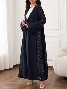 Yasmyna Women's Contrast Mesh Long Sleeve Loose Fit Abaya - Navy Blue - View 4