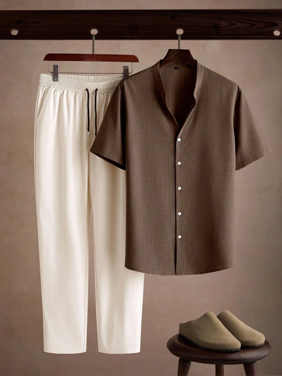 Core Aspect Men's Loose Colorblock 2-Piece Set, Khaki Brown Stand Collar V-Neck Shirt + Off-White Drawstring Wide Leg Pants, Gen Z Cityboy Street Style Summer Outfit - Multicolor - View 1