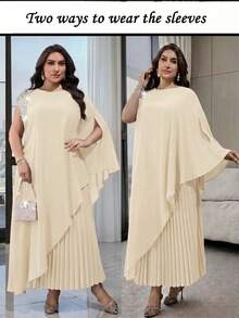 Modelyn Plus Size Women's Faux Pearl Decor Long Top And Pleated Skirt Casual Daily 2-Piece Set - Apricot - View 2