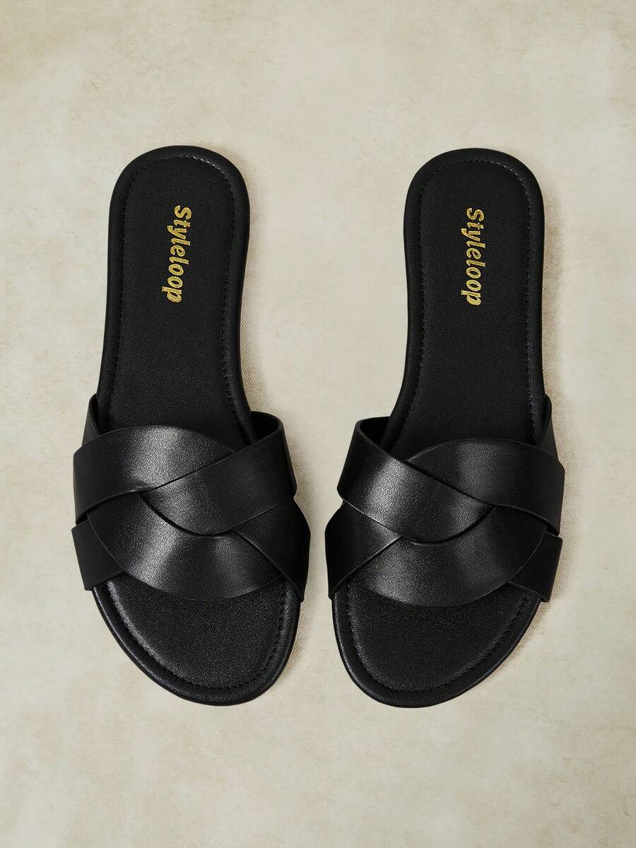 Styleloop Classic Minimalist Fashion Women's Flat Sandals, Spring/Summer Black Sandals, Beach Style, Vacation Outfit, Summer Outfit, Holiday - All Black - View 1