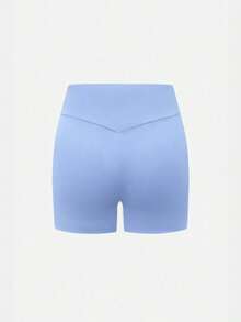 Teen Girls' Foggy Blue High-Waist Athletic Shorts, Made From High-Stretch Form-Fitting Fabric With A Sleek And Supportive Design, Perfect For Spring And Summer Activities Including Running, Gym Workouts, And Casual Sporty Wear - Dusty Blue - View 6