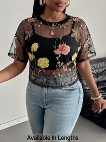 SHEIN PETITE CURVE 大尺碼女款花卉圖案網紗休閒日常上衣 - 黃色 - 查看 1