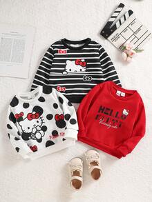 HELLO KITTY AND FRIENDS | SHEIN 3件組 女嬰主題印花長袖圓領抓絨運動衫，休閒日常穿著，適合秋冬 - 彩色 - 查看 10