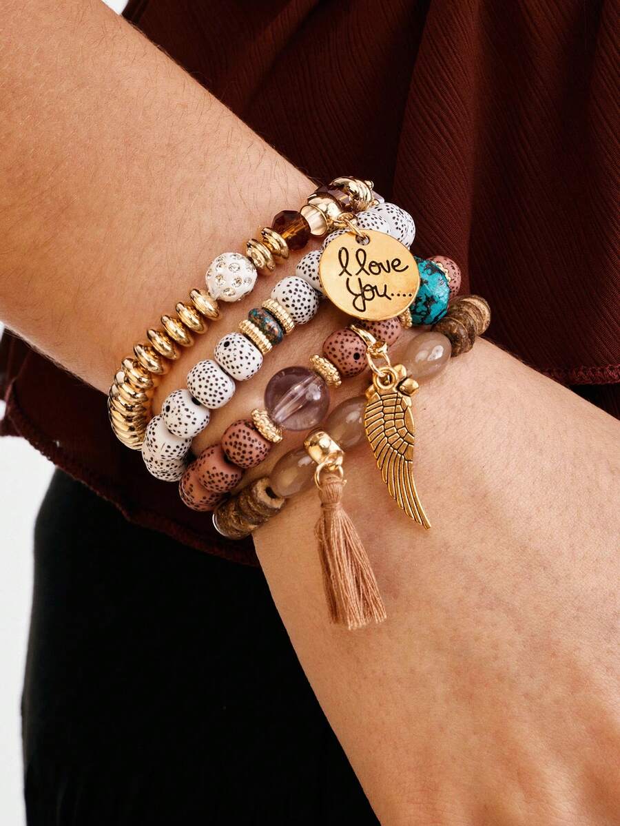 Nocturel 4pcs/Set Tassel Wing Beaded Bracelet (Wooden Pieces Unspecified) - Multicolor - View 1