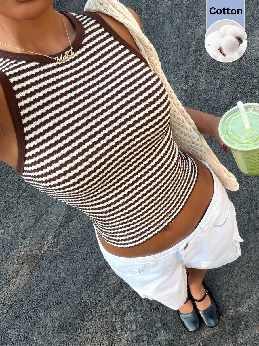 Muchica Tank Top Wanita Model Crop Slim Fit Bergaris Tekstur Baru untuk Wanita, Cocok untuk Jalan-jalan, Streetwear Kasual, Motif Garis Biru dan Putih Y2K untuk Musim Panas - Coklat - View 1
