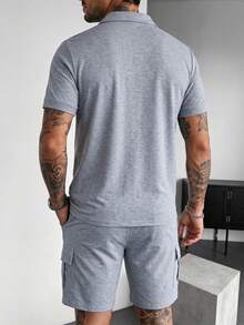 Manfinity Homme Men's Short-Sleeve Half-Zip Polo & Cargo Shorts Set With Slanted And Patch Pockets Solid-Color - Light Grey - View 2