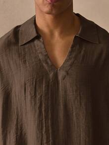 Musero Oversized Short Sleeve Deep V Neck Collared Drop Shoulder Thick Hem Linen Shirt Spring Summer Essentials Beachy Holiday - Brown - View 2