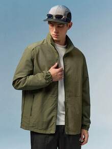 Caldwick Jaket Kasual Pria Klasik Warna Polos dengan Kerah Lipat, Cocok untuk Olahraga Musim Gugur dan Musim Semi - Hijau Tentara - View 6