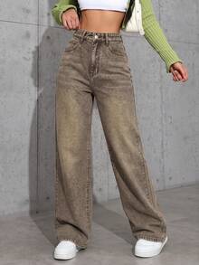 SHEIN EZwear 休閒水洗直筒牛仔褲 - 鏽棕色 - 查看 6