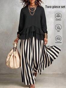 Linhara CURVE Women's Solid Black Ruffle Long Sleeve Blouse & Striped Skirt Casual 2-Piece Set - Black - View 1