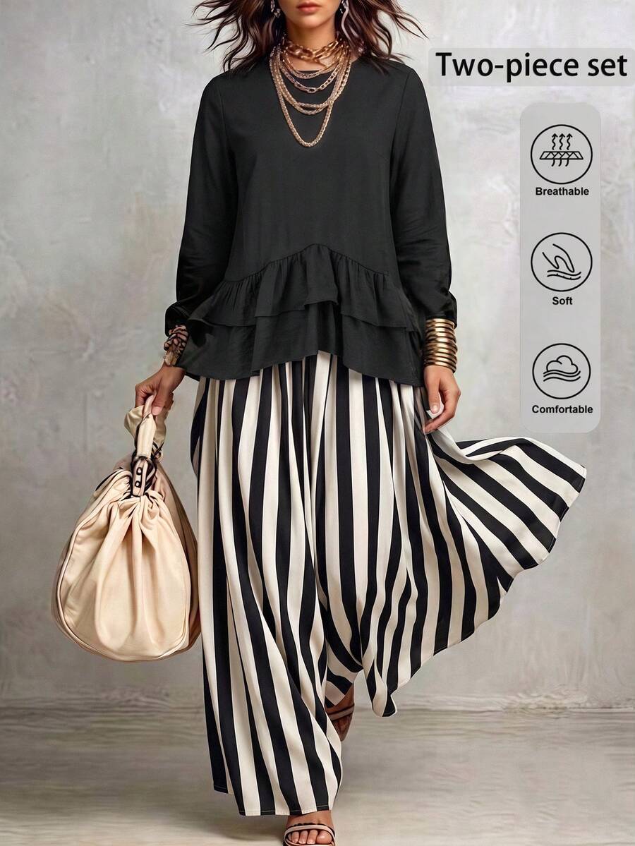 Linhara CURVE Women's Solid Black Ruffle Long Sleeve Blouse & Striped Skirt Casual 2-Piece Set - Black - View 1