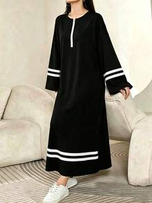 Mulvari Women's Black & White Color Block Casual Loose Fit Pullover Long Sweatshirt Dress - Black - View 5