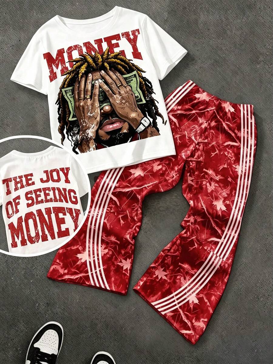 Kids Young Boy Casual Minimalist Short Sleeve Flared Pants Knit 2 Pieces Set Suitable For Spring And Summer - Multicolor - View 1