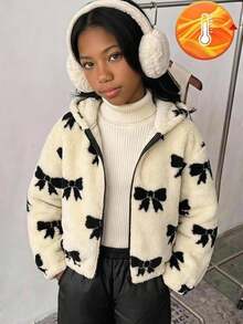 SHEIN 青少年女孩保暖內裡加厚蝴蝶結連帽拉鍊夾克 秋冬款 - 白色 - 查看 5