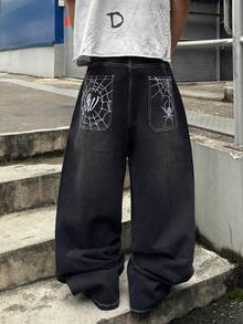 STEELVANCE Street Style Retro Fashion Versatile Distressed Washed Embroidered Design Loose Straight Leg Wide Leg Casual Denim Jeans (Belt And Accessories Not Included) - Black - View 6