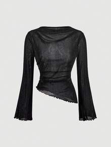 SHEIN MOD 女款 2 件組 酒紅與黑色亮片圓領抓皺喇叭袖收腰不對稱下擺百搭長袖 T-shirt 打底衫 - 紅色和黑色 - 查看 5