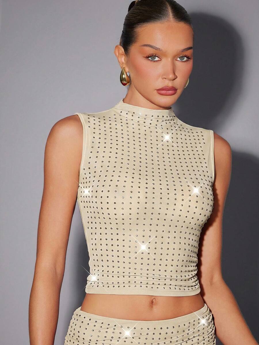 Hauture Sexy Summer Party Burgundy Red Mock Neck Hot Fixed Rhinestone Double Layer Mesh Tank Top - Apricot - View 1