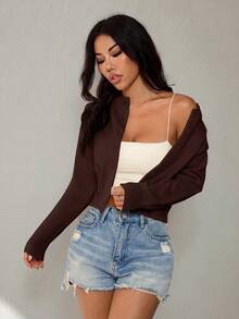 SHEIN PETITE 女款素色休閒百搭日常外出長袖開襟衫 - 棕色 - 查看 6