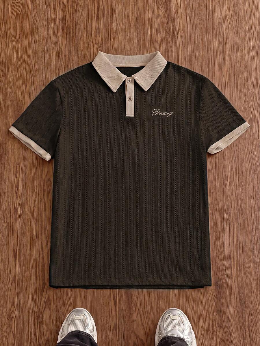 SWAVVY 男士字母印花撞色休閒日常短袖 Polo 衫 - 棕色 - 查看 1