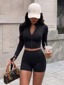 Dewbera Dewbera 1pc Women's Black Zip-Up Long Sleeve Shorts Two-Piece Swimsuit Set - Black - View 1
