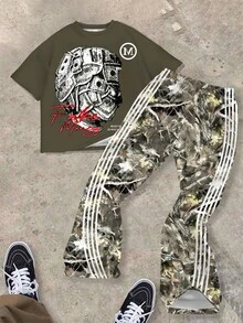 SHEIN Bolty 青少年男孩橄欖綠夏季街頭風校園返校系列 肖像與葉片印花短袖T恤＋迷彩喇叭褲 2件套套裝 - 彩色 - 查看 2