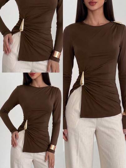 Modelyn Autumn/Winter Design Side Knot Long Sleeve T-Shirt With Metal Buckle Split Hem Slim Fit Asymmetrical Waist Women's Top