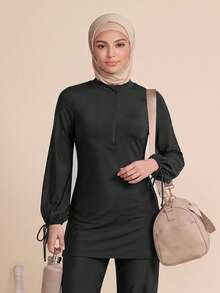 SHEIN With My Calm Swim Lushoire 2PCS Solid Black Long Sleeve Casual Sports Set - Black - View 1