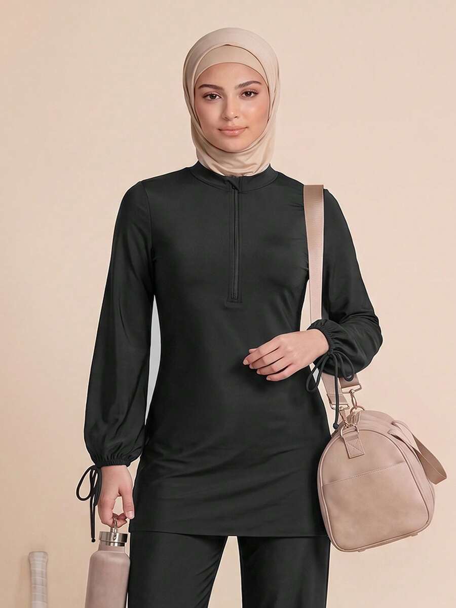 SHEIN With My Calm Swim Lushoire 2PCS Solid Black Long Sleeve Casual Sports Set - Black - View 1