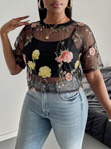 SHEIN PETITE CURVE 大尺碼女款花卉圖案網紗休閒日常上衣 - 黃色 - 查看 6